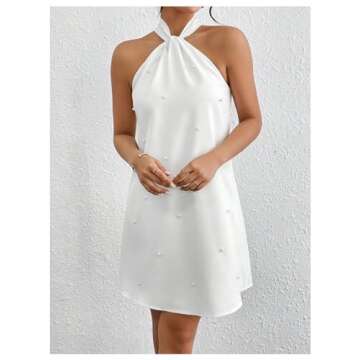 OYOANGLE Women's Pearl Decor Halter Neck Sleeveless Dress Tie Back Solid Elegant Short Dresses White Large