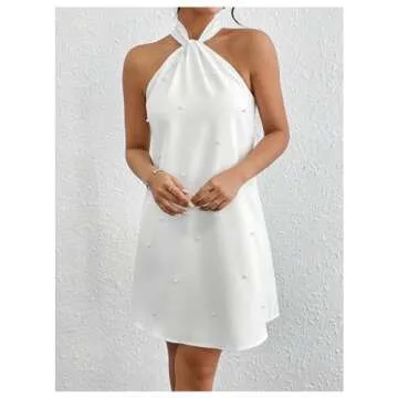 OYOANGLE Women's Pearl Decor Halter Neck Sleeveless Dress Tie Back Solid Elegant Short Dresses White Large