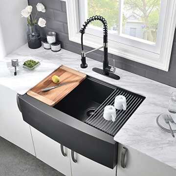 33 Black Farmhouse Kitchen Sink Workstation-VASOYO 33x22 Black Stainless Steel Farmhouse Sink Apron Front Workstation Kitchen Sink 16 Gauge R10 Deep Single Bowl Kitchen Farm Sink with Cutting Board