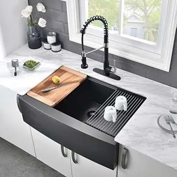 33 Black Farmhouse Kitchen Sink Workstation-VASOYO 33x22 Black Stainless Steel Farmhouse Sink Apron Front Workstation Kitchen Sink 16 Gauge R10 Deep Single Bowl Kitchen Farm Sink with Cutting Board