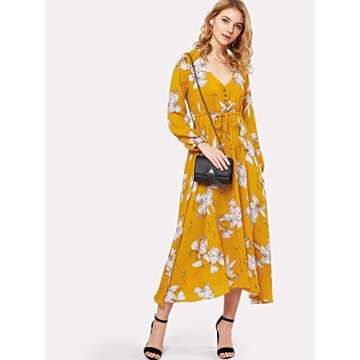 Milumia Women's Button Up Split Floral Print Flowy Party Maxi Dress Yellow and White Large