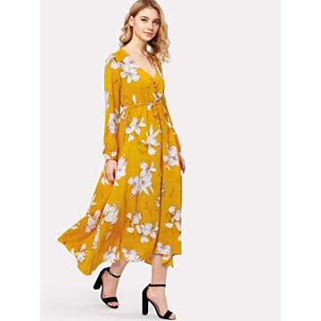 Milumia Women's Button Up Split Floral Print Flowy Party Maxi Dress Yellow and White Large