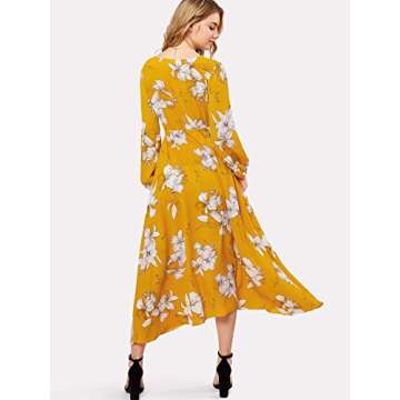 Milumia Women's Button Up Split Floral Print Flowy Party Maxi Dress Yellow and White Large