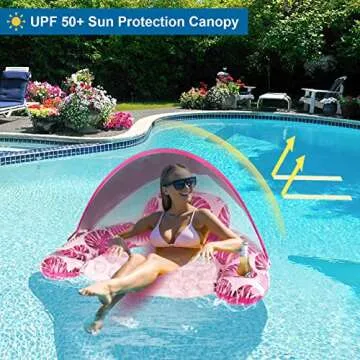COOLCOOLDEE Pool Float with Canopy, Cup Holder - XL Pool Chair Lounge Float with Adjustable Sun Shade Cover, Drink Holder, Ergonomic Headrest,Inflatable Pool Float for Adults