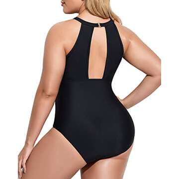 Daci Black Plus Size One Piece Swimsuits for Women High Neck Plunge Mesh Cut Out Bathing Suits X-Lar...