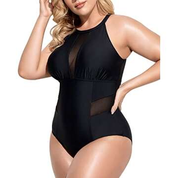 Daci Black Plus Size One Piece Swimsuits for Women High Neck Plunge Mesh Cut Out Bathing Suits X-Large