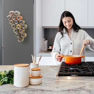 Art Secret 16-Pack Magnetic Hexagon Spice Jars with Magnet Lids, Stainless Steel Wall-Plate, Inner Sifter Pour Insert, and 394 Labels - 3 oz Glass Jars for Kitchen, Pantry, RV (Patented Design)