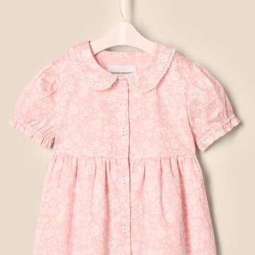 Amazon Essentials x Sofia Grainge Baby Girls' Cotton Sateen Dress with Collar, Pink Ivory Delicate Floral, 12 Months