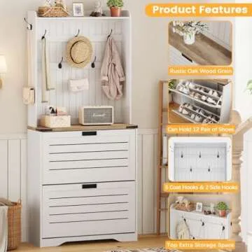 FATORRI Shoe Cabinet Storage for Entryway, Sturdy Freestanding Shoe Organizer with Flip Drawers, Tall Shoes Cabinet with Coat Rack (69.53 Inch, Rustic Oak+White Oak)