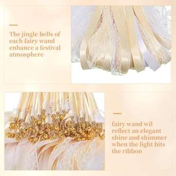 Vinsot 100 Pieces Lace Ribbon Wedding Wand Sticks Party Streamers with Bells Lace Silk Fairy Stick W...