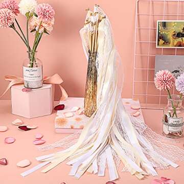 Vinsot 100 Pieces Lace Ribbon Wedding Wand Sticks Party Streamers with Bells Lace Silk Fairy Stick Wand Streamers for Wedding Send off Party Activities Holiday Celebration Favors(Champagne)(Champagne)