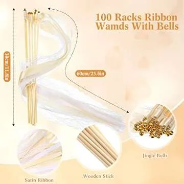 Vinsot 100 Pieces Lace Ribbon Wedding Wand Sticks Party Streamers with Bells Lace Silk Fairy Stick Wand Streamers for Wedding Send off Party Activities Holiday Celebration Favors(Champagne)(Champagne)