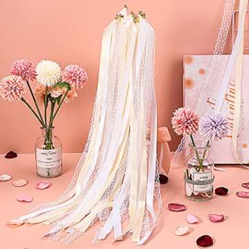 Vinsot 100 Pieces Lace Ribbon Wedding Wand Sticks Party Streamers with Bells Lace Silk Fairy Stick Wand Streamers for Wedding Send off Party Activities Holiday Celebration Favors(Champagne)(Champagne)