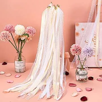 Vinsot 100 Pieces Lace Ribbon Wedding Wand Sticks Party Streamers with Bells Lace Silk Fairy Stick Wand Streamers for Wedding Send off Party Activities Holiday Celebration Favors(Champagne)(Champagne)