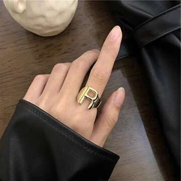 Initial Rings Letter Rings for Women Chunky Adjustable Rings Women Statement Rings , Gold-K