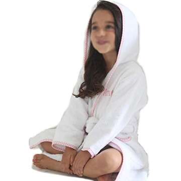 MAURA Prince George Style Kids Bathrobe. Luxury Kids Hooded Bathrobe White and Pink Checkered Binding For Toddlers Turkish Terry Bath Towel Cute and Cuddly. Super Soft and Absorbent.