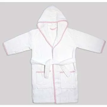 MAURA Prince George Style Kids Bathrobe. Luxury Kids Hooded Bathrobe White and Pink Checkered Binding For Toddlers Turkish Terry Bath Towel Cute and Cuddly. Super Soft and Absorbent.