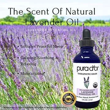 PURA D'OR Organic Lavender Essential Oil (4oz with Glass Dropper) 100% Pure & Natural Therapeutic Gr...
