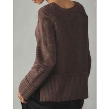 Livtany Women's Oversized Long Sleeve Pullover Sweater Chunky Crew Neck Knitted Jumper Tops Cute Fall Clothes with Side Slits Brown
