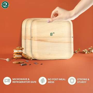 ECO SOUL Compostable 8 Inch Palm Leaf Square Plates (100 Count) Like Bamboo Plates | Biodegradable | Eco-Friendly, Microwave & Oven Safe