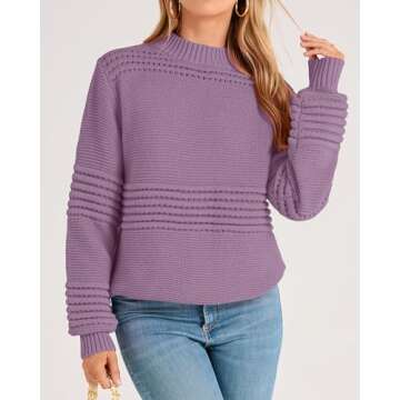 KIRUNDO Womens Fall Sweaters 2024 Long Sleeve Oversized Crew Neck Crochet Striped Hollow Out Sweaters Top Y2K Fall Fashion Clothes Winter Outfits Purple Sweaters(Grey Purple, Medium)