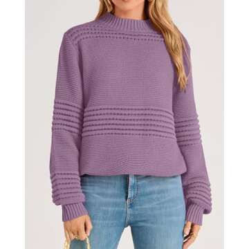 KIRUNDO Womens Fall Sweaters 2024 Long Sleeve Oversized Crew Neck Crochet Striped Hollow Out Sweaters Top Y2K Fall Fashion Clothes Winter Outfits Purple Sweaters(Grey Purple, Medium)
