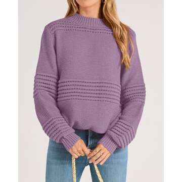 KIRUNDO Womens Fall Sweaters 2024 Long Sleeve Oversized Crew Neck Crochet Striped Hollow Out Sweaters Top Y2K Fall Fashion Clothes Winter Outfits Purple Sweaters(Grey Purple, Medium)