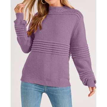 KIRUNDO Womens Fall Sweaters 2024 Long Sleeve Oversized Crew Neck Crochet Striped Hollow Out Sweaters Top Y2K Fall Fashion Clothes Winter Outfits Purple Sweaters(Grey Purple, Medium)