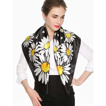 corciova Large Square Satin Silk Like Lightweight Scarf Hair Wrap Women Black Chrysanthemum Curly He...