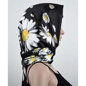 corciova Large Square Satin Silk Like Lightweight Scarf Hair Wrap Women Black Chrysanthemum Curly Headband Bandana Headscarf