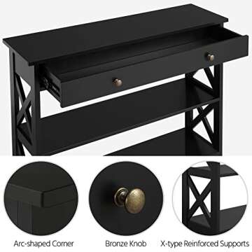 Yaheetech Console Table with Drawer, 39.5 Inch Narrow Sofa Table with Storage Shelves, 3-Tier Wood Entryway Table for Hallway/Living Room/Foyer, Black