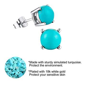 Turquoise Stud Earrings for Women 18K White Gold Plated 7mm Round Birthstone Earrings