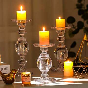 G Glass Taper and Pillar Baluster Stem Candlesticks Set of 3, Clear 11.5" 9.5" 7.5" for Dinner Table Wedding Party Home Decor Heavy Solid Glass Holder Votive Stand Large Tall Long