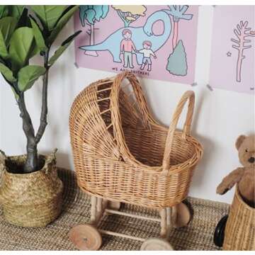 Hot Small Foot Toys Baby Doll Classic Vintage Wicker Pram New Rattan Trolley Props Toy Cute Rattan Stroller