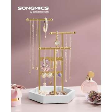 SONGMICS Jewelry Holder Organizer, 4 Independent Zones, Jewelry Display Stand, Metal Frame, Necklace...