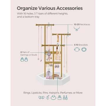 SONGMICS Jewelry Holder Organizer, 4 Independent Zones, Jewelry Display Stand, Metal Frame, Necklace Earring Bracelet Holder, for Rings, Valentine's Day Gift, Gold and White UJJS003A01