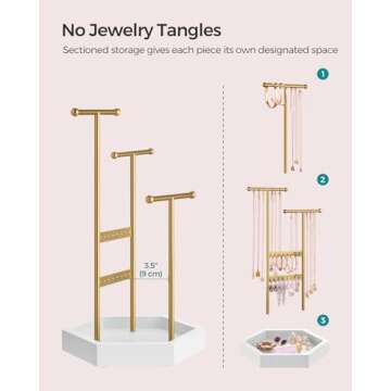 SONGMICS Jewelry Holder Organizer, 4 Independent Zones, Jewelry Display Stand, Metal Frame, Necklace Earring Bracelet Holder, for Rings, Valentine's Day Gift, Gold and White UJJS003A01