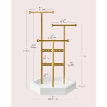SONGMICS Jewelry Holder Organizer, 4 Independent Zones, Jewelry Display Stand, Metal Frame, Necklace Earring Bracelet Holder, for Rings, Valentine's Day Gift, Gold and White UJJS003A01