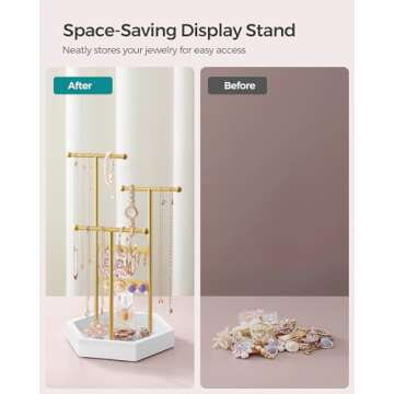 SONGMICS Jewelry Holder Organizer, 4 Independent Zones, Jewelry Display Stand, Metal Frame, Necklace Earring Bracelet Holder, for Rings, Valentine's Day Gift, Gold and White UJJS003A01