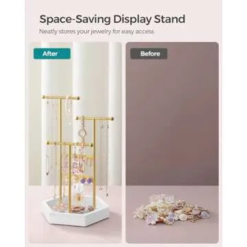 SONGMICS Jewelry Holder Organizer, 4 Independent Zones, Jewelry Display Stand, Metal Frame, Necklace Earring Bracelet Holder, for Rings, Valentine's Day Gift, Gold and White UJJS003A01