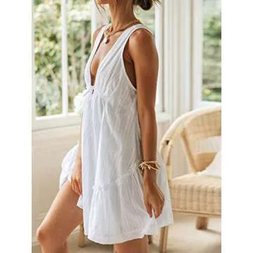 HOULENGS Women's Summer Deep V Neck Mini Dress Sleeveless Backless A Line Short Dresses White X-Large