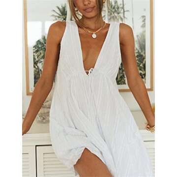 HOULENGS Women's Summer Deep V Neck Mini Dress Sleeveless Backless A Line Short Dresses White X-Large