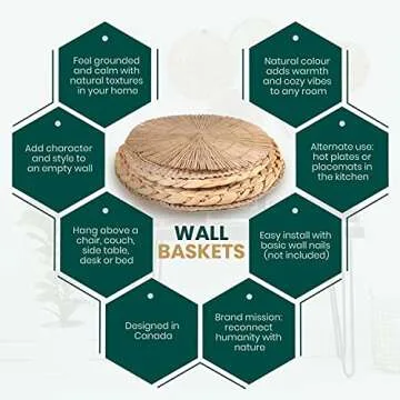 Set of 5 Round Seagrass Wall Baskets for Boho Decor