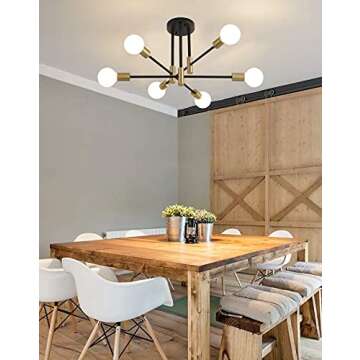 SUSVQLXG Mid Century Modern Sputnik Chandelier Semi Flush Mount Ceiling Light Fixture Black and Gold Semi Suspended Recessed Industrial Chandelier (6-Lights)