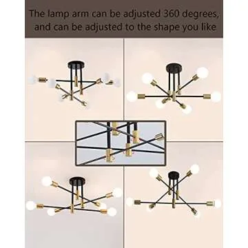 SUSVQLXG Mid Century Modern Sputnik Chandelier Semi Flush Mount Ceiling Light Fixture Black and Gold Semi Suspended Recessed Industrial Chandelier (6-Lights)