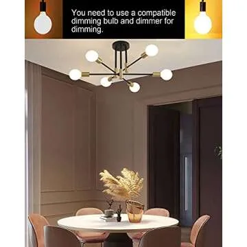 SUSVQLXG Mid Century Modern Sputnik Chandelier Semi Flush Mount Ceiling Light Fixture Black and Gold Semi Suspended Recessed Industrial Chandelier (6-Lights)