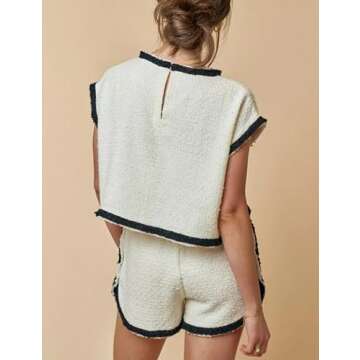Aedceal Women's Summer Tweed Sets Pullover Tops Vest High Waist Shorts Color Block Trim 2 Piece Outfits with Pockets(Beige-S), Small
