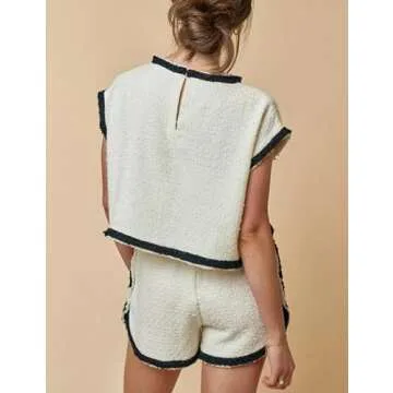 Aedceal Women's Summer Tweed Sets Pullover Tops Vest High Waist Shorts Color Block Trim 2 Piece Outfits with Pockets(Beige-S), Small