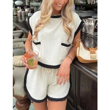 Aedceal Women's Summer Tweed Sets Pullover Tops Vest High Waist Shorts Color Block Trim 2 Piece Outfits with Pockets(Beige-S), Small