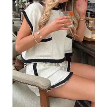 Aedceal Women's Summer Tweed Sets Pullover Tops Vest High Waist Shorts Color Block Trim 2 Piece Outfits with Pockets(Beige-S), Small